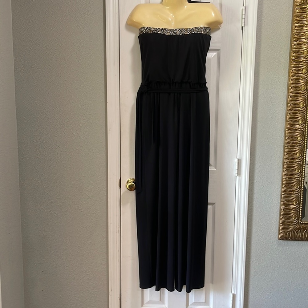 WHBM Strapless Black Jumpsuit with Beaded Trim